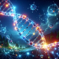 Fototapeta premium Glowing DNA helix over a night landscape, surrounded by glowing molecules
