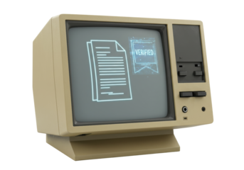 Isolated Classic Personal Computer Displaying Secure Document Icon and Verified Graphic