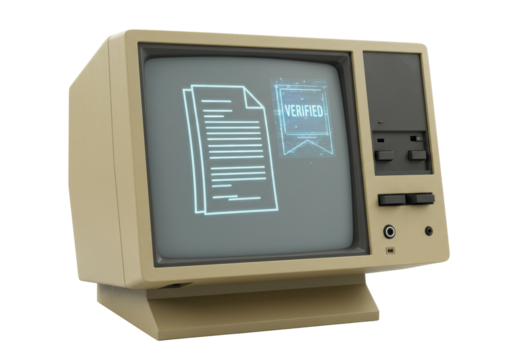 Isolated Classic Personal Computer Displaying Secure Document Icon and Verified Graphic
