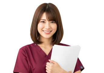 Obraz premium Smiling young asian woman nurse wearing scrubs holding paperwork and looking confidently ahead isolated on transparent background
