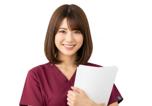 Smiling young asian woman nurse wearing scrubs holding paperwork and looking confidently ahead isolated on transparent background