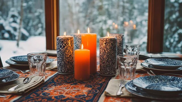 Burning candles on table with dinnerware near window with snow