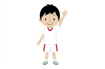 Fototapeta premium Cartoon boy in white shirt/shorts with red trim waving; neutral background