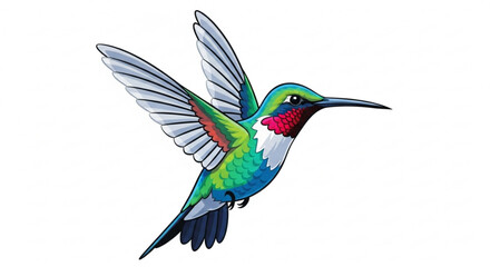 A colorful hummingbird flying with its wings spread, the bird has green, blue, and red feathers with a long beak and white wings