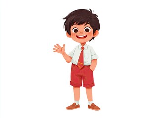 Fototapeta premium A cartoon boy in school uniform waves, smiling warmly against a plain white background