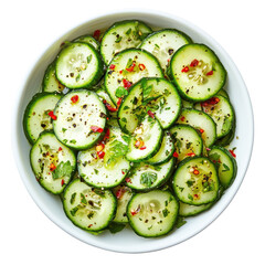 Freshly Sliced Cucumber Salad with Herbs and Spices in a White Bowl on transparent background