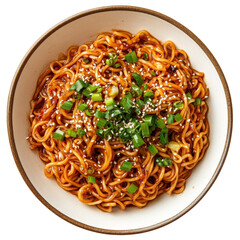 Delicious Bowl of Spicy Noodles with Green Onions and Sesame Seeds in a Simple White Dish on transparent background