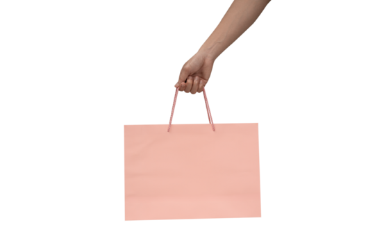 A clean, high-resolution studio shot of a hand holding kraft paper shopping bag with twisted rope handles, isolated on a pure white background. The horizontal orientation of the bag provides excellent