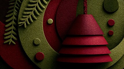 A visually striking Christmas ornament featu a red tree and green wreath creates a festive holiday composition with textured paper details.