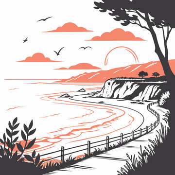 Coastal cliffside path with ocean waves birds and a stylized sunset in coral and gray
