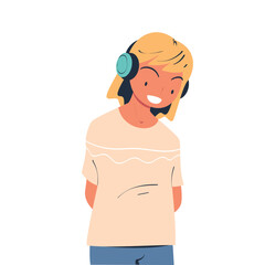 Obraz premium Happy Woman Look at Something Stand in Headphones Vector Illustration