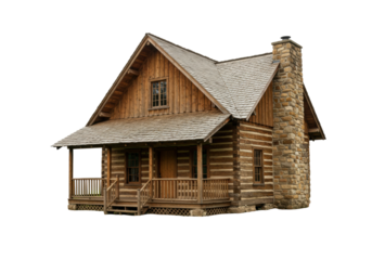 Isolated country log cabin architecture exterior on an overcast day with a stone chimney stack