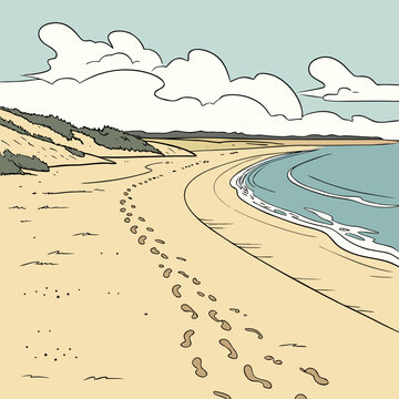Footprints leading along a sandy beach towards the ocean with rolling clouds in the sky