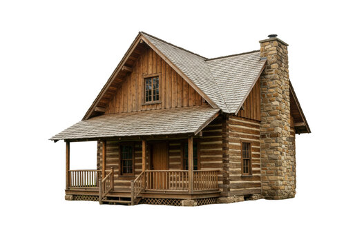 Isolated country log cabin architecture exterior on an overcast day with a stone chimney stack