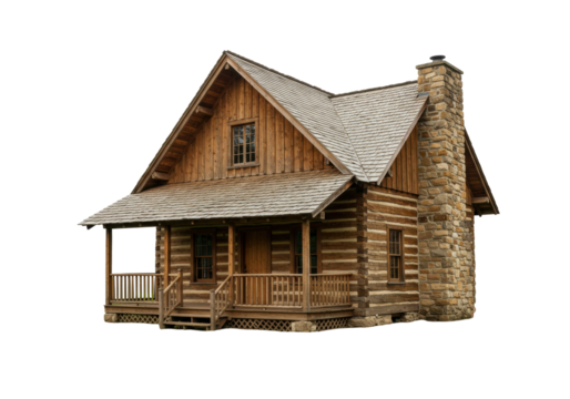 Isolated country log cabin architecture exterior on an overcast day with a stone chimney stack