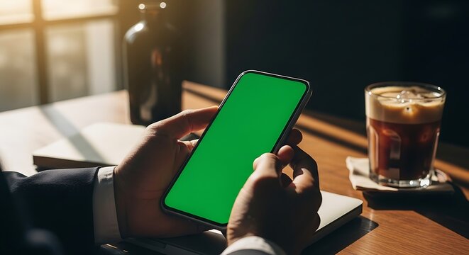 Man holding a green screen phone next to a drink and a book on a wooden table in a bright area