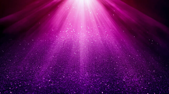 Dynamic shimmering purple and pink glitter background with luminous light rays casting magical, festive glow from above, perfect for celebrations and luxury themes
