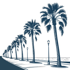 Row of silhouetted palm trees lining a coastal road with lampposts and ocean view © MST SAHIDA  BEGUM 