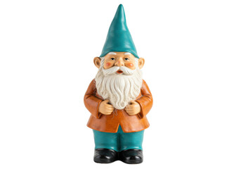 Isolated cheerful garden gnome figure, lawn ornament, fairy-tale sculpture for outdoors decor