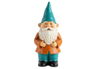 Isolated cheerful garden gnome figure, lawn ornament, fairy-tale sculpture for outdoors decor