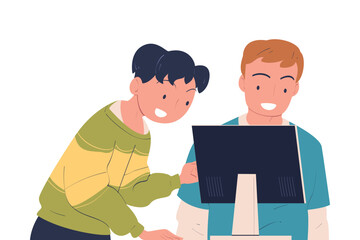 Happy Man and Woman Look at Something on Computer Screen Vector Illustration