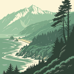 Serene pacific northwest coastline with snow capped mountains and lush evergreen forests © MST SAHIDA  BEGUM 