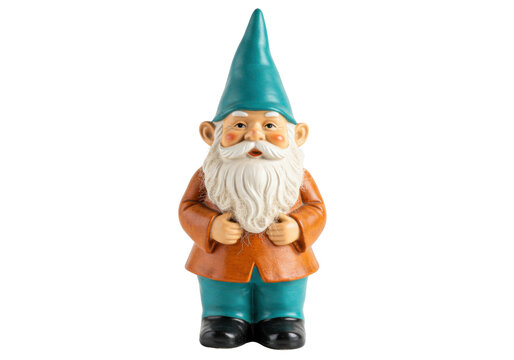 Isolated cheerful garden gnome figure, lawn ornament, fairy-tale sculpture for outdoors decor