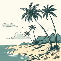 Stylized illustration of a serene tropical beach scene with palm trees and gentle waves under a cloudy sky