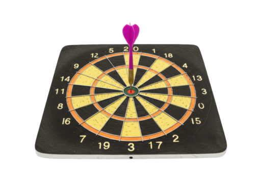 Isolated dartboard with dart hitting the bullseye for accuracy in target practice game