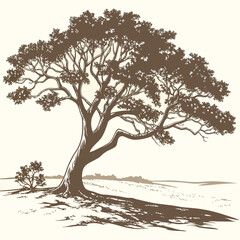 Stylized silhouette of a large majestic tree with spreading branches and a small bush in a minimalist landscape © MST SAHIDA  BEGUM 