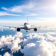 Naklejka premium White jet above fluffy clouds