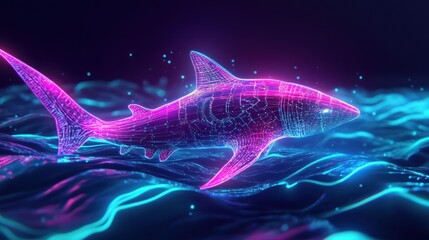 Digital shark swimming in glowing ocean