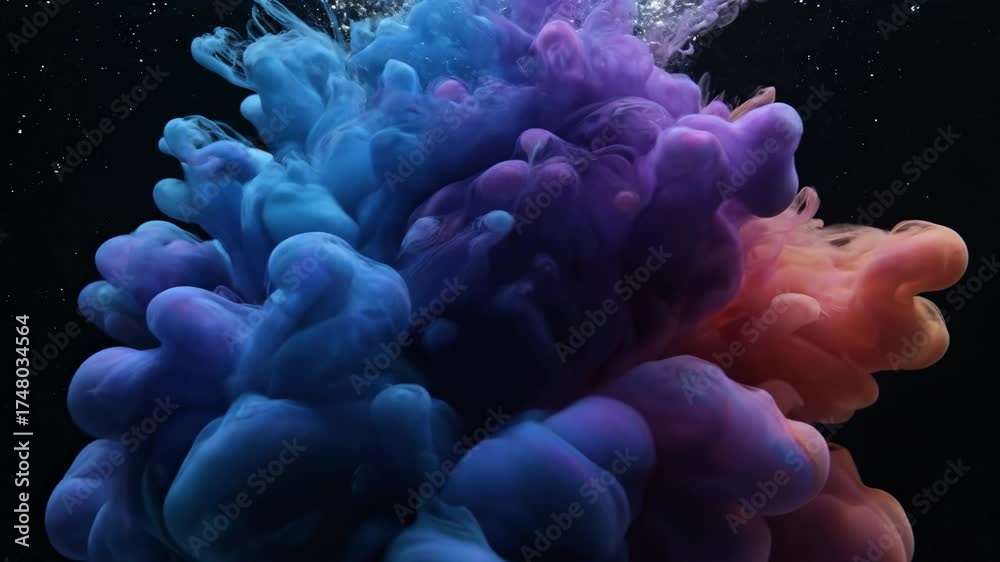 Poster seamlessly looping video of colorful liquid ink expanding rapidly into an abstract underwater explos