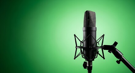 A studio microphone on a stand against a vibrant green background with soft lighting and copy space