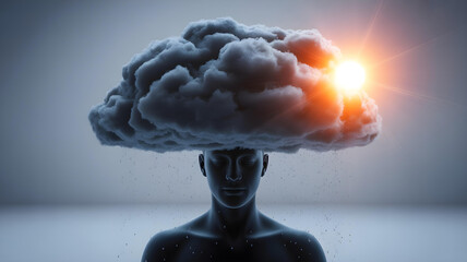 A 3D rendering of a heavy, dark rain cloud floating over a human head, which then slowly dissipates to reveal a bright, glowing sun.