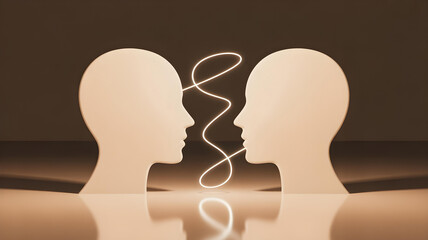 A 3D Therapy concept two abstract, minimalist head silhouettes facing each other with a single