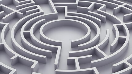A 3D rendering of a maze with a chaotic, tangled path that leads to a simple
