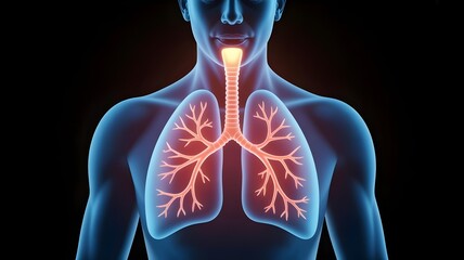 A 3D rendering of a human lung icon, shown taking a deep, clean breath of glowing air particles.