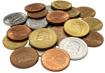 Isolated Pile of European Currency Coins in Different Values, Close-Up, No Shadows, Details