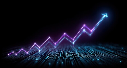 Glowing neon lines form an upward trending graph over a circuit board