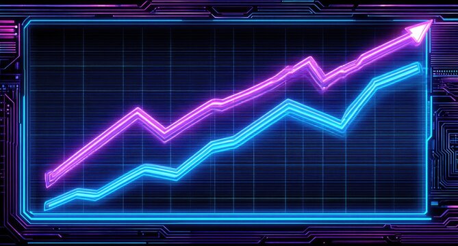 Two neon-lit ascending graphs on a digital grid, framed by circuit board detail