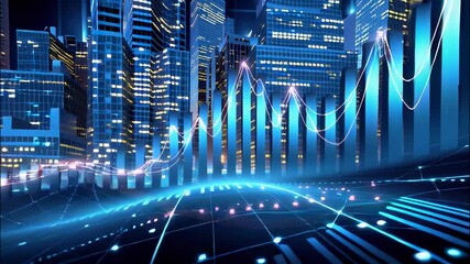 Illuminated cityscape at night with glowing lines and charts symbolizing financial growth and technological advancement in modern business video 4k - Powered by Adobe