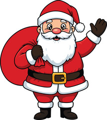Cute cartoon Santa Claus waving, holding gift sack, smiling happy character, Christmas holiday icon, red suit Santa illustration, festive design, winter celebration mascot