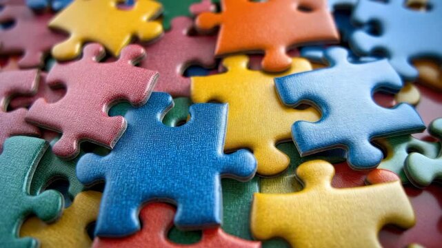 Close-up of colorful interlocking puzzle pieces scattered around