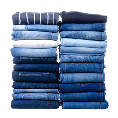 A stack of denim folded neatly in varying shades and a striped top