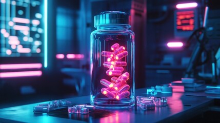 Glowing pills in a glass jar scientific laboratory