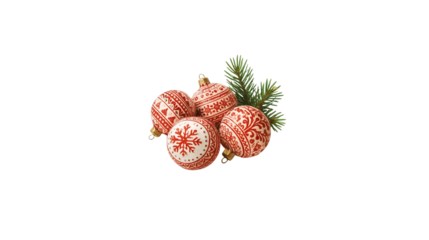 Christmas ornaments with patterns and pine branch on white background  