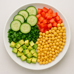 Colorful vegan salad bowl with chickpeas, cucumber