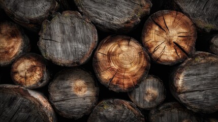 Close-up view of stacked tree trunks.