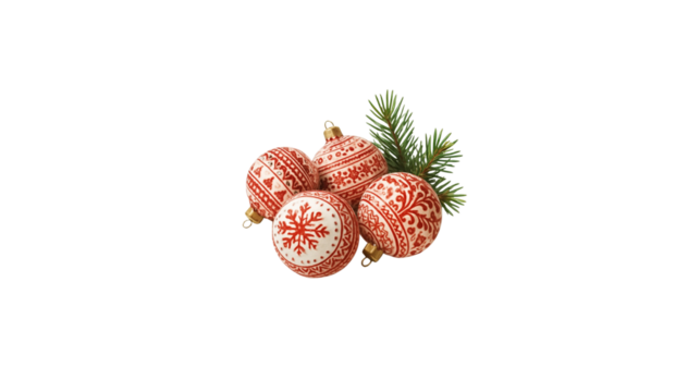 Christmas ornaments with patterns and pine branch on white background  